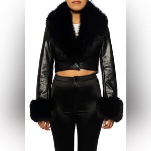 Gisele Faux Leather Crop Jacket With Faux Fur Trim